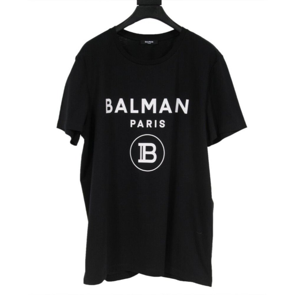 Balmain Mens T Shirt Size XL Black White B Logo Cotton Crewneck Short Sleeve